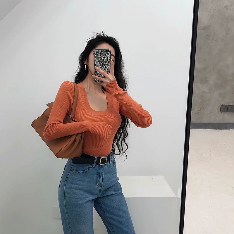 YoungGirlDay Bộ áo liền quần dài tay có gân dệt kim phong cách Âu Mỹ cổ chữ U gợi cảm, ôm sát, co giãn, giúp thon gọn cơ thể
