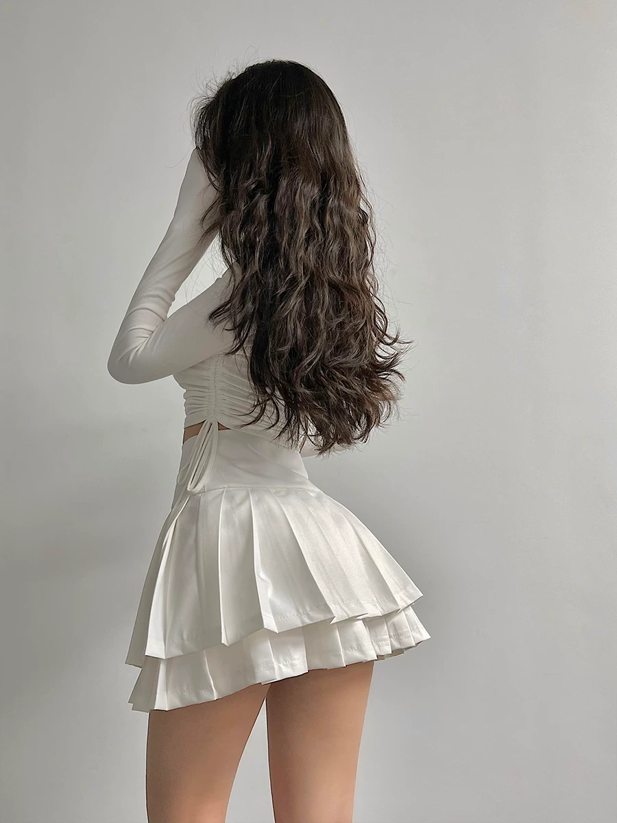 YoungGirlDay Quần short an toàn chống lộ hàng phong cách đại học châu Âu và Mỹ, quần short ngắn xếp ly hai lớp, nửa váy