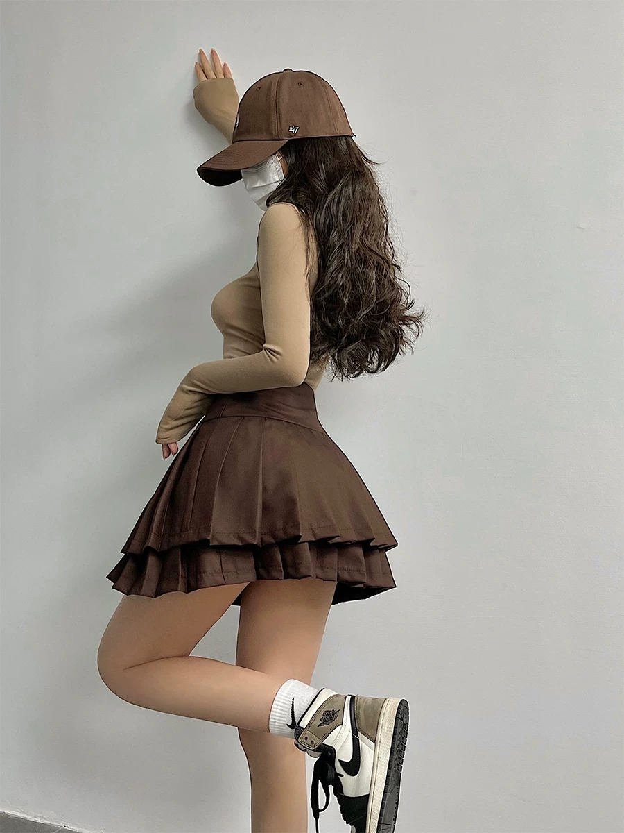 YoungGirlDay Quần short an toàn chống lộ hàng phong cách đại học châu Âu và Mỹ, quần short ngắn xếp ly hai lớp, nửa váy