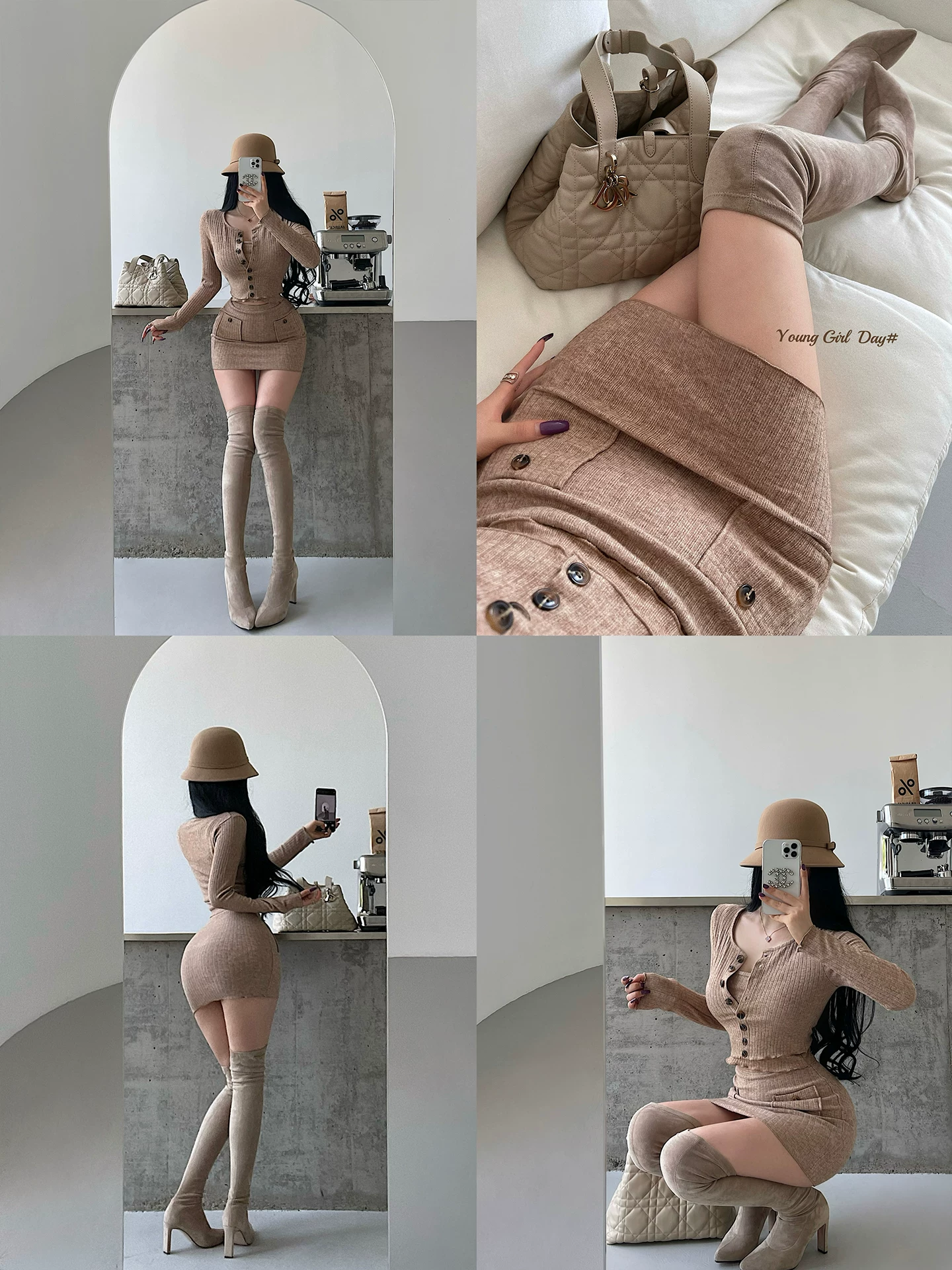 YoungGirlDay phong cách thuần khiết gợi cảm áo yếm cardigan một hàng khuy cạp cao váy ngắn ôm sát bộ đồ dệt kim