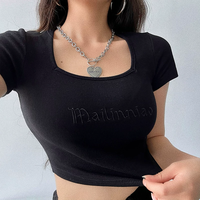 YoungGirlDay Áo thun ngắn tay ngắn tay kiểu Âu Mỹ gợi cảm cổ vuông thêu chữ kiểu Âu Mỹ