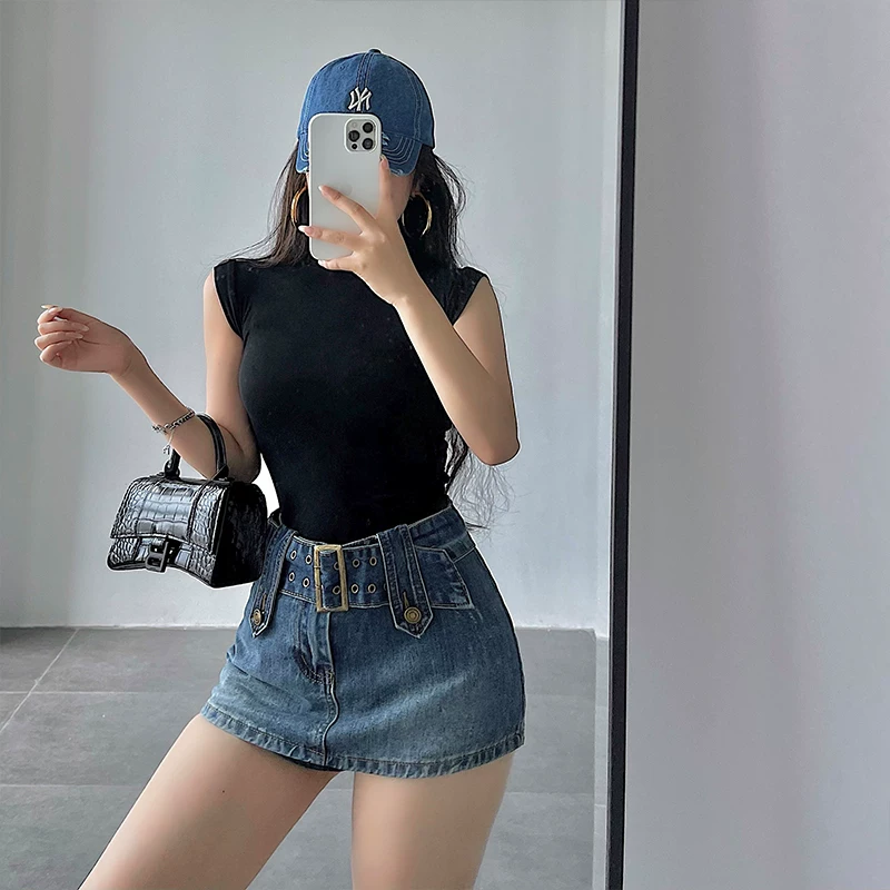 YoungGirlDay Váy denim siêu ngắn, cạp cao, ôm sát, thiết kế chống lộ hàng và ôm sát cơ thể.