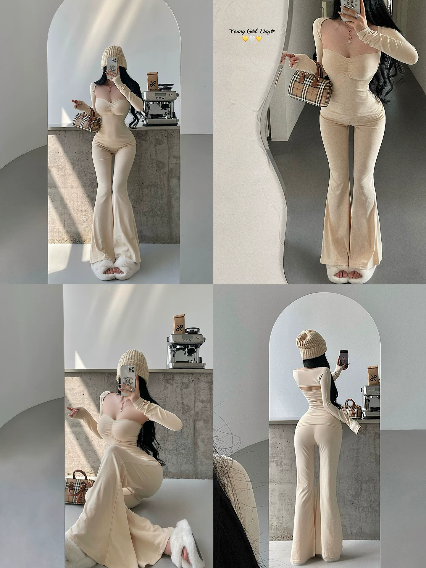 YoungGirlDay Kardashian Bộ quần dài ống rộng có tay áo dài gợi cảm kiểu khăn choàng tôn dáng chân dài