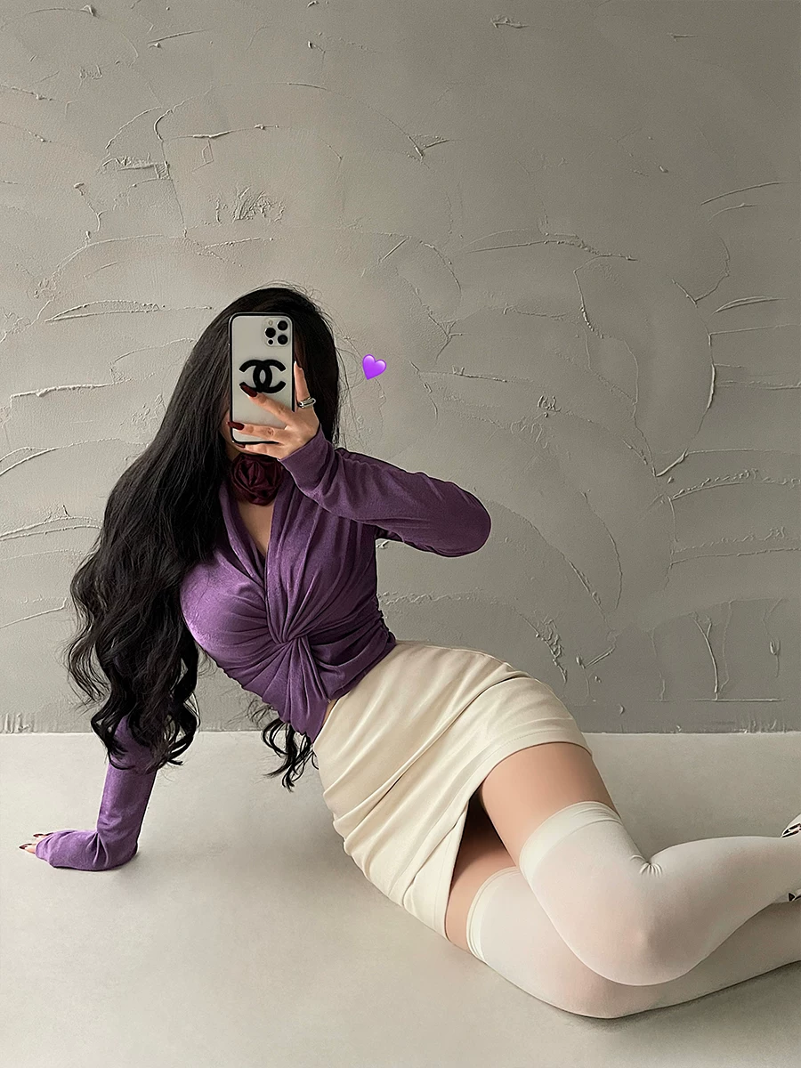 YoungGirlDay Pure Desire Cổ chữ V gợi cảm Slim Fit Twist Eo Giảm béo Áo sơ mi dài tay Áo thun dành cho nữ.