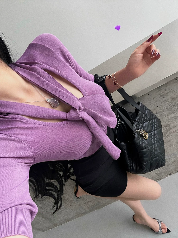 YoungGirlDay pure Desire vibe Áo thun dệt kim ngắn tay cổ chữ U có dây buộc cổ, dáng ôm vừa vặn, giúp thon gọn