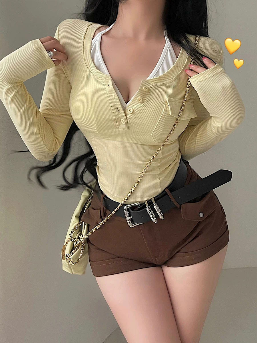 YoungGirlDay khao khát thuần khiết gợi cảm áo dây buộc dây có dây buộc ngực đơn bó sát áo thun dài tay bộ hai món