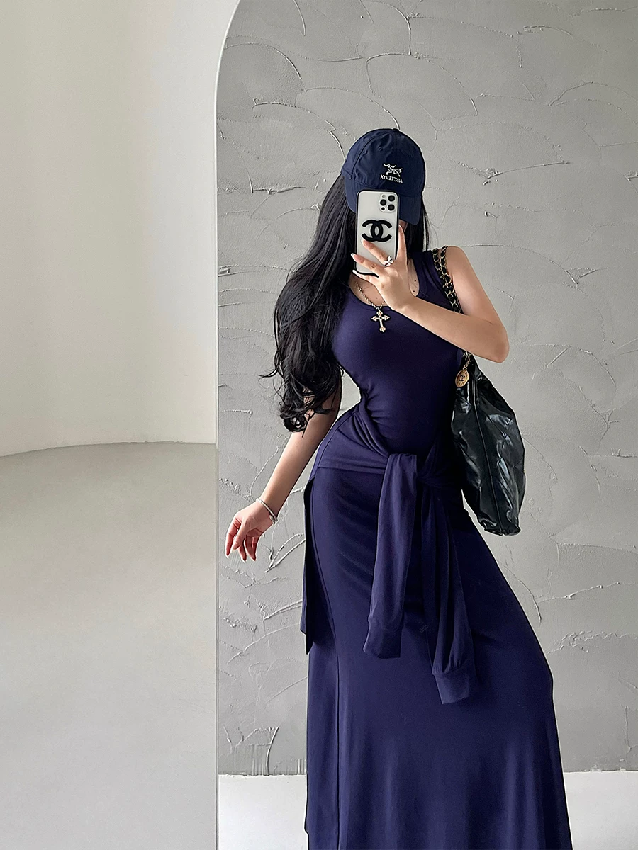 YoungGirlDay Pure Desire Style Phong cách gợi cảm cổ chữ U giả hai mảnh có dây buộc eo lớn Váy dây đeo viền dài