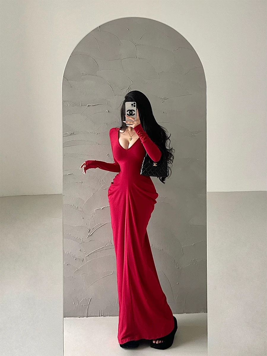 YoungGirlDay Váy dài tay kiểu dáng Kardashian phong cách châu Âu và Mỹ gợi cảm, cổ chữ V sâu, ôm eo, viền xếp nếp, tay áo dài.