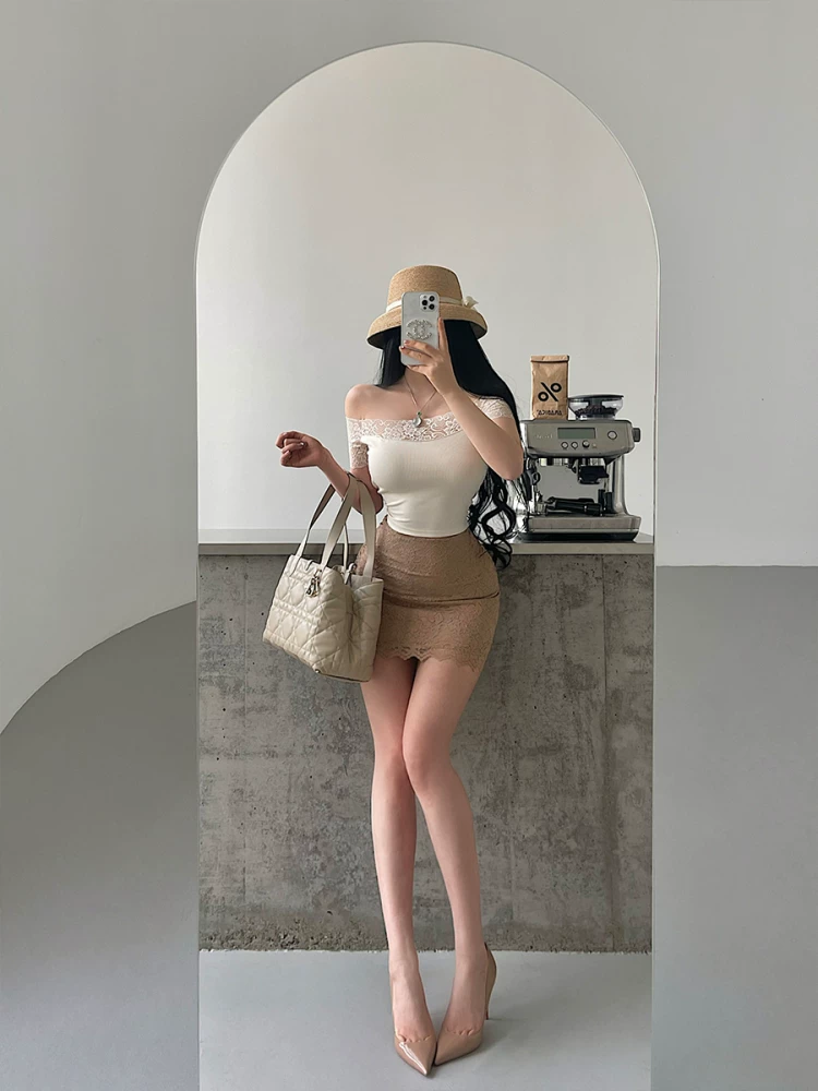YoungGirlDay Jiangnan Beauty Pure Desire Style Váy ren giảm béo cạp cao gợi cảm Váy ngắn ôm sát cơ thể.