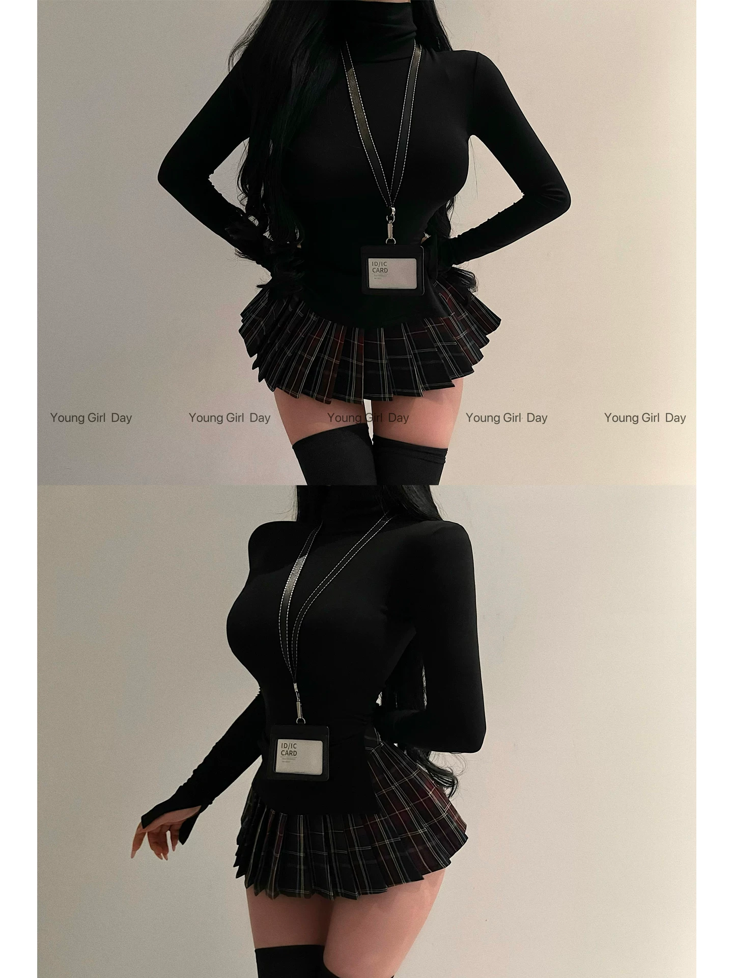 YoungGirlDay Pure Desire Style Áo thun dài tay cổ cao gợi cảm Top Cao cấp kẻ sọc Váy xếp li Bộ váy ngắn