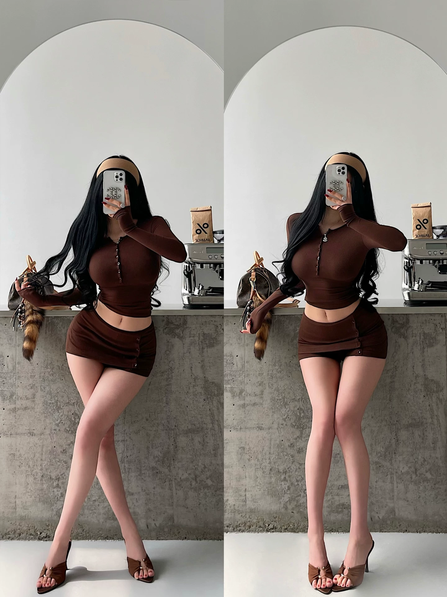 YoungGirlDay Pure Desire Hot Girl Áo thun dài tay một hàng khuy gợi cảm Top Bộ quần váy chống lộ eo thấp