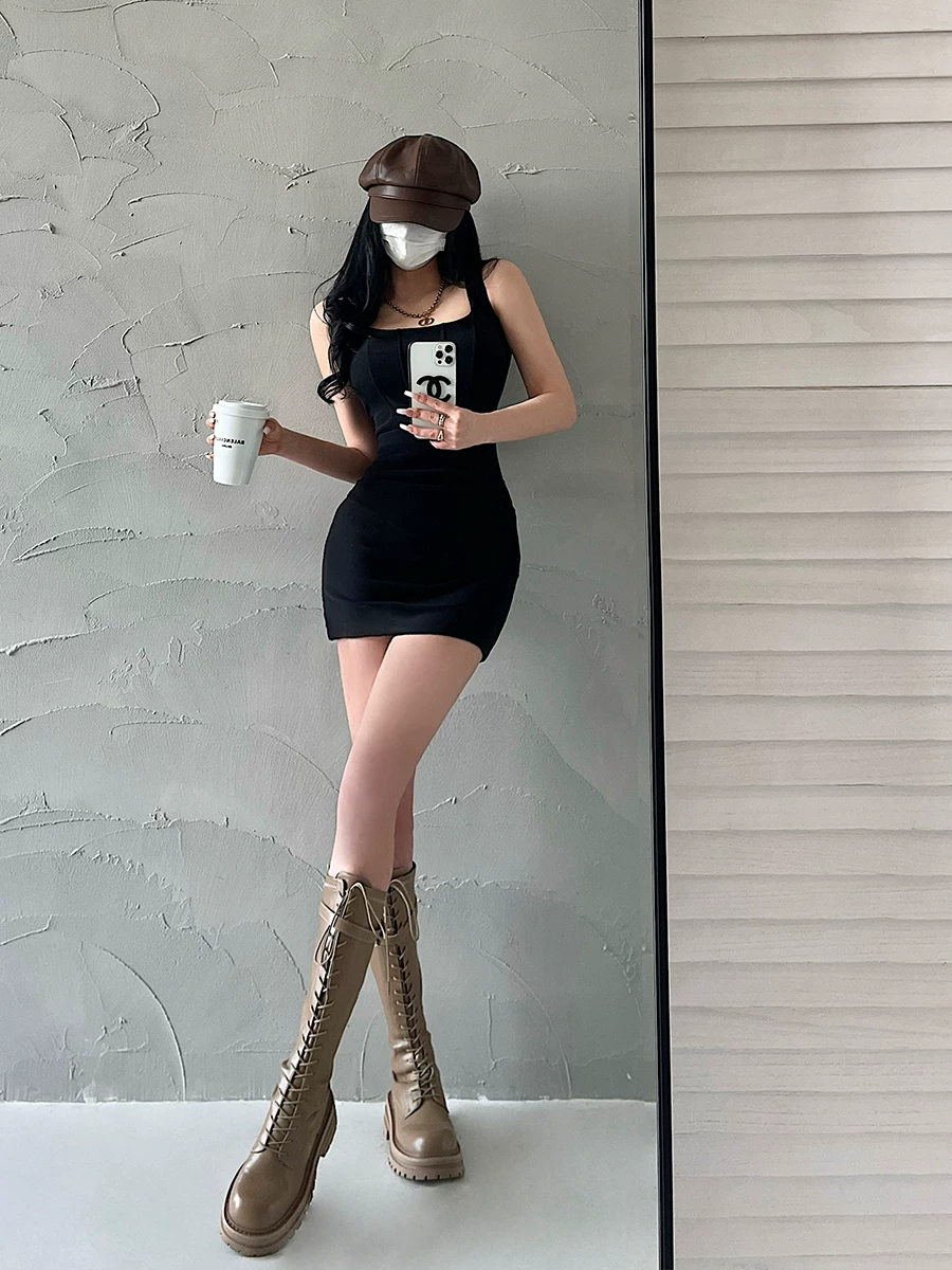 YoungGirlDay khao khát thuần khiết gợi cảm cổ vuông ôm sát eo dây đeo eo đầm bodycon váy ngắn