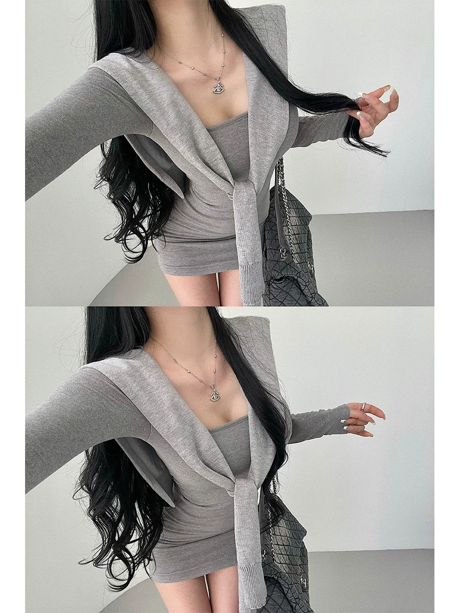 YoungGirlDay2024 phong cách mùa thu mới phong cách lười biếng thắt nút áo ghi lê màu trơn dệt kim khăn choàng áo khoác ngoài dành cho nữ