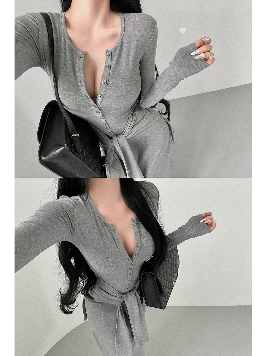 YoungGirlDay Pure Desire Cổ tròn giả hai mảnh có dây buộc eo Váy dài tay dài Váy dài.