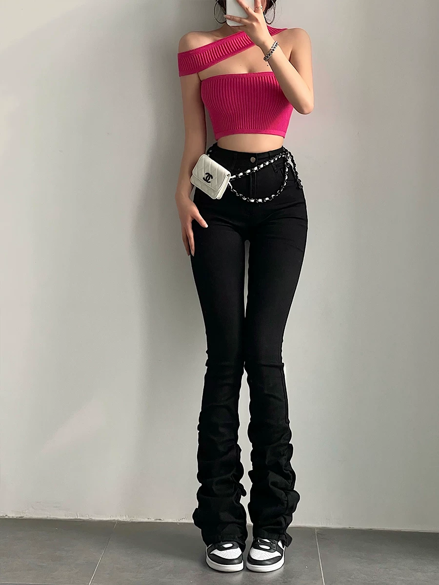 YoungGirlDay Quần jean xếp ly dáng ôm cạp cao phong cách Âu Mỹ dành cho nữ