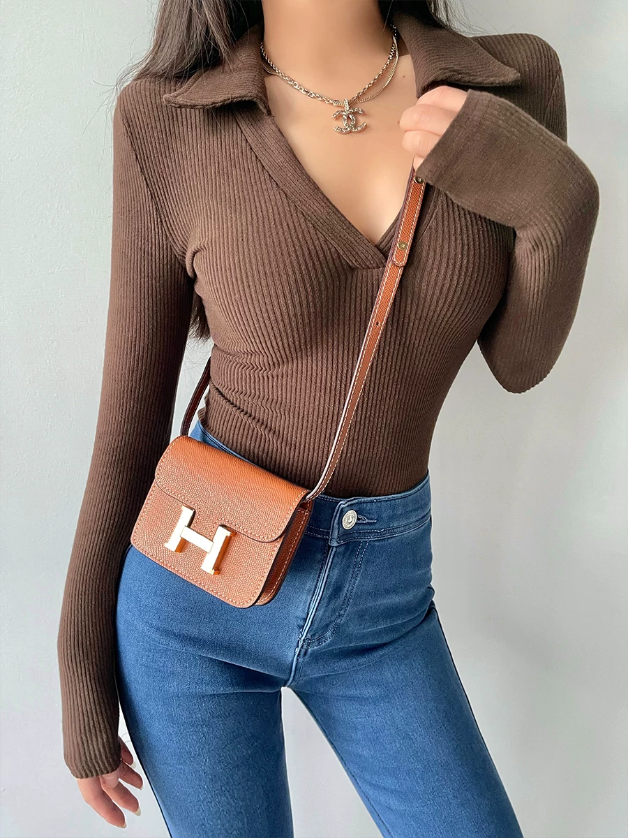 YoungGirlDay Áo thun cơ bản dài tay cổ chữ V co giãn phong cách Âu Mỹ gợi cảm kiểu Âu Mỹ
