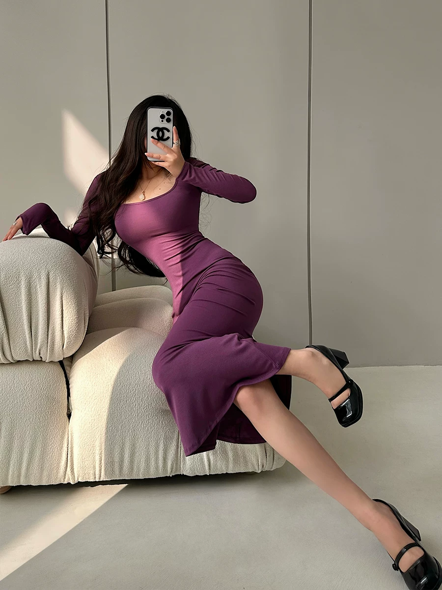 YoungGirlDay phong cách thuần khiết gợi cảm cổ chữ U ôm sát dáng dài tay dài váy đuôi cá váy dài