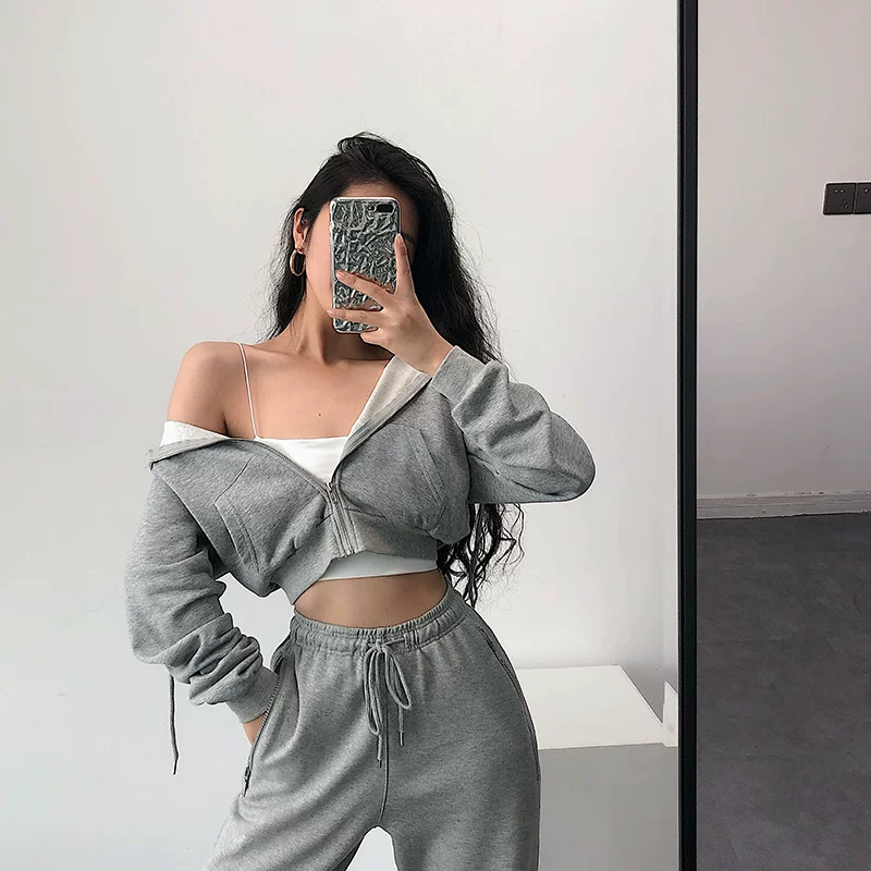 YoungGirlDay Áo cardigan dáng ôm eo phong cách Âu Mỹ, áo len ngắn có mũ trùm đầu màu trơn có khóa kéo
