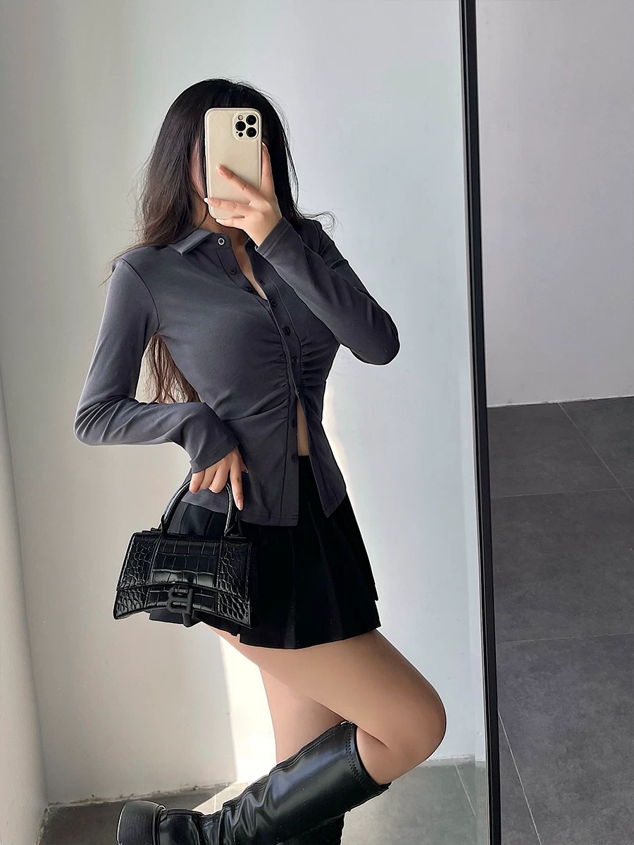 YoungGirlDay Pure Desire sexy lapel áo thun dài tay có cổ, ôm vừa vặn, có dây rút ở eo dành cho nữ.