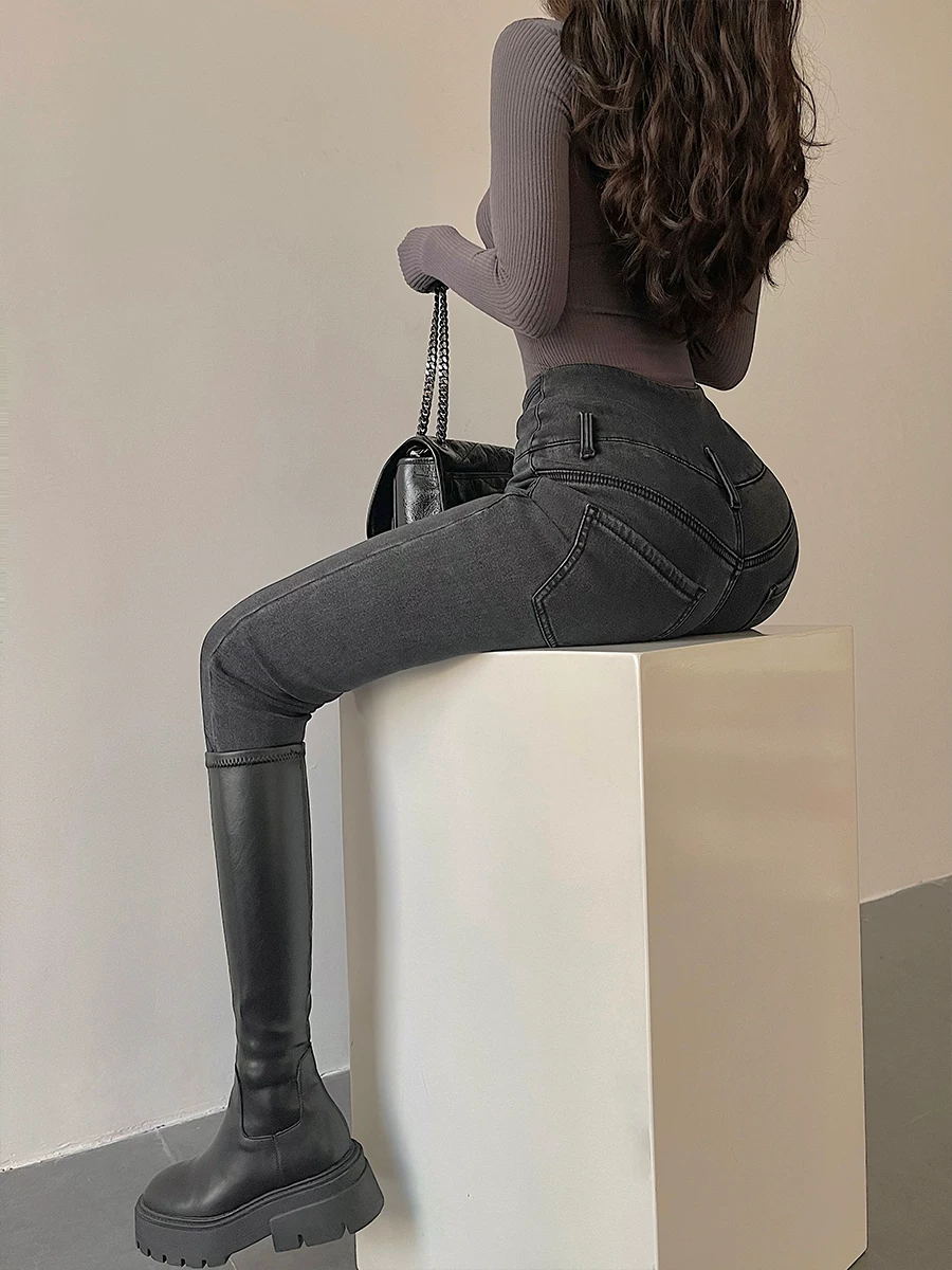 YoungGirlDay Quần dài kiểu Âu Mỹ cạp cao một cúc, ôm sát, nâng mông, quần jean skinny co giãn, quần dài