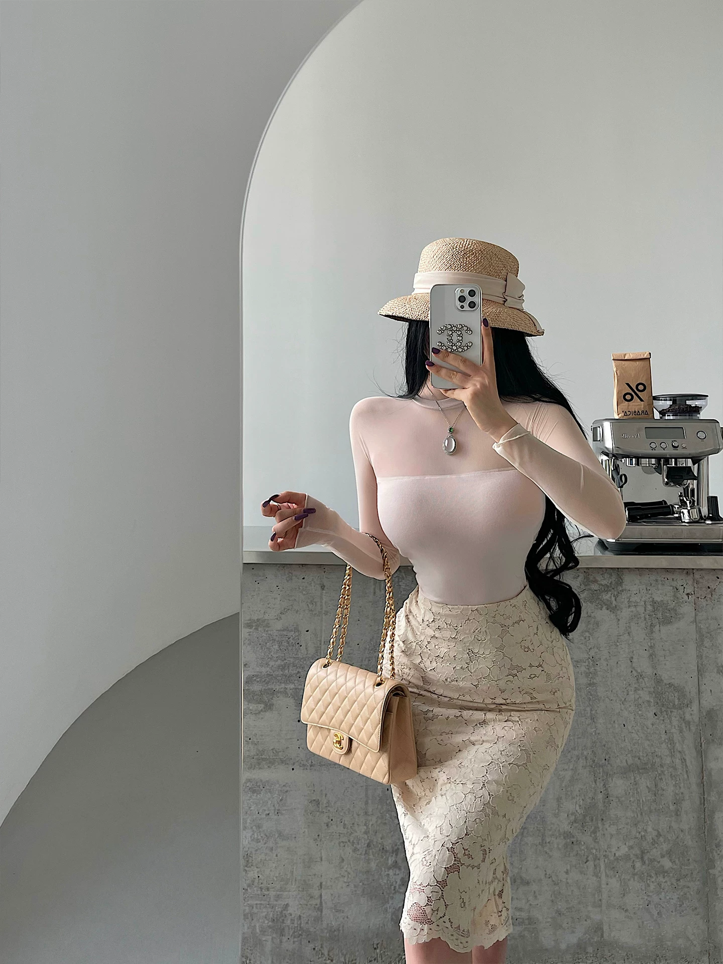 YoungGirlDay Pure Desire Áo thun dài tay cổ tròn gợi cảm Slim Fit lưới chắp vá có miếng đệm ngực tích hợp