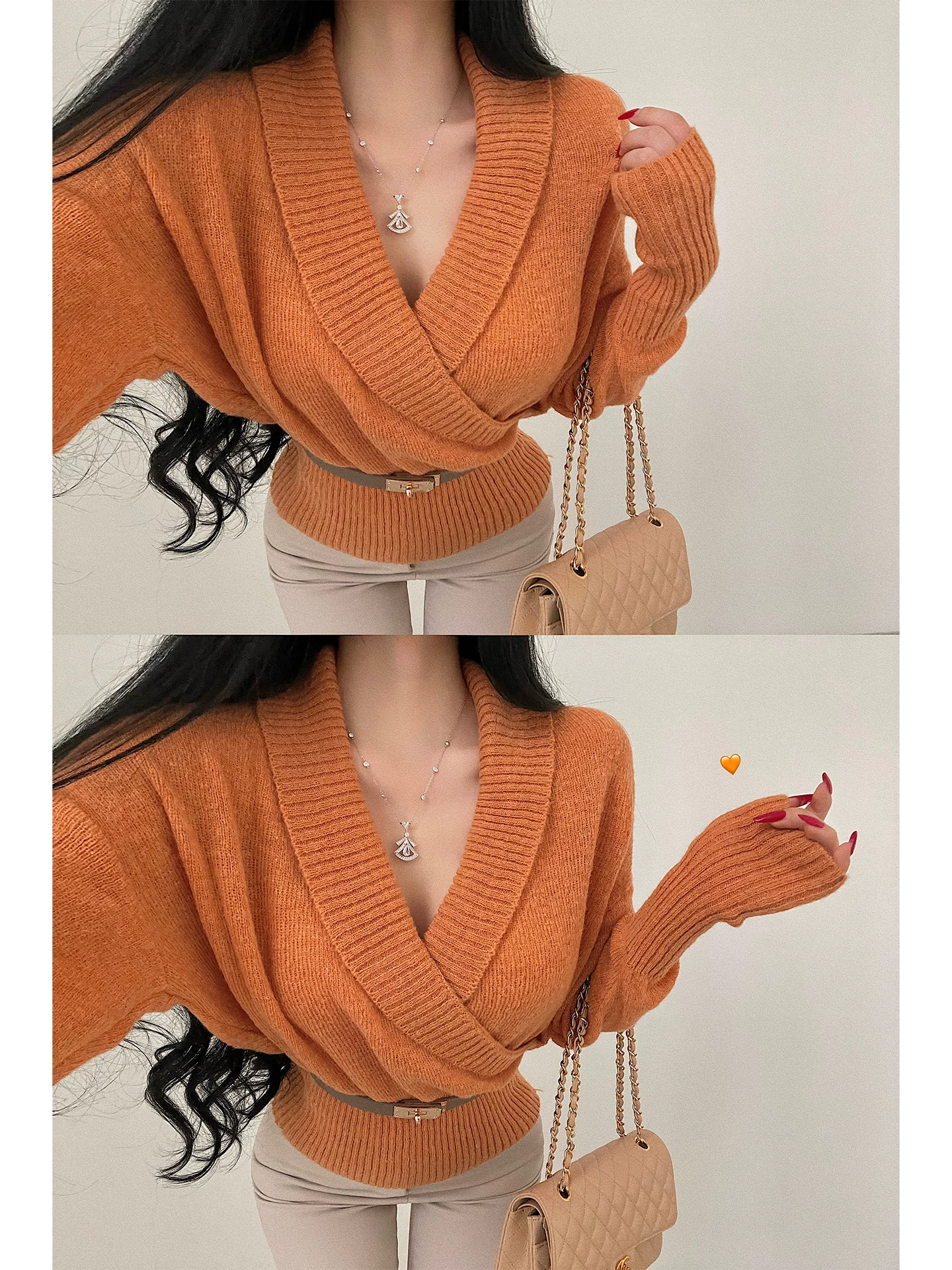 YoungGirlDay Pure Desire Phong cách nhẹ nhàng Cổ chữ V gợi cảm Áo len dệt kim dài tay giảm béo eo thon.