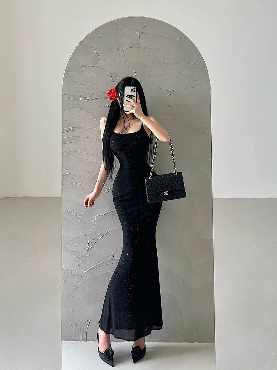 Váy dài ôm sát kiểu Kardashian đính đá pha lê, chất liệu lưới, gợi cảm, kiểu đuôi cá, dành cho kỳ nghỉ.