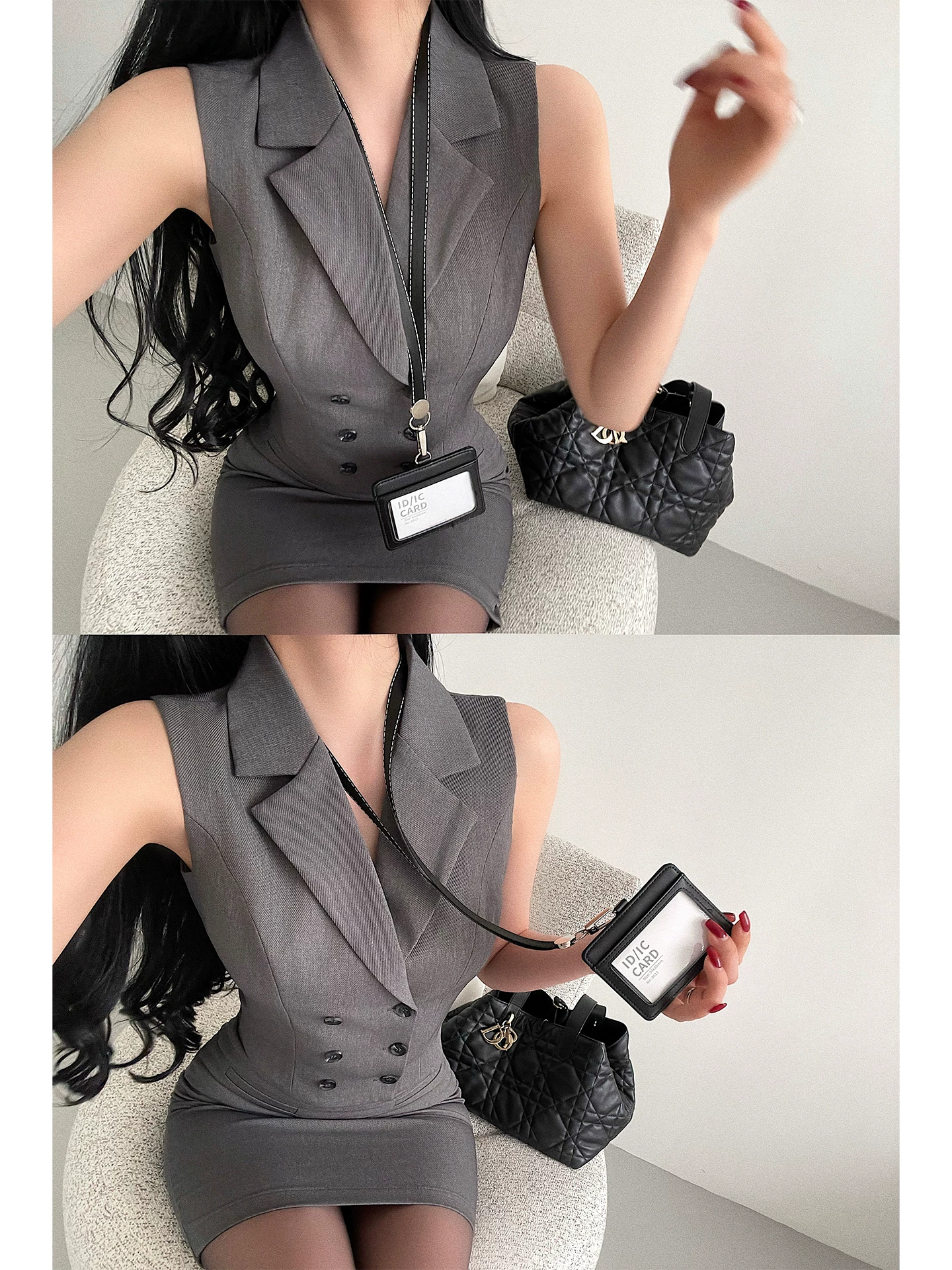 YoungGirlDay phong cách OL trưởng thành và thông minh, bộ vest hai hàng khuy, chân váy ôm sát eo cao