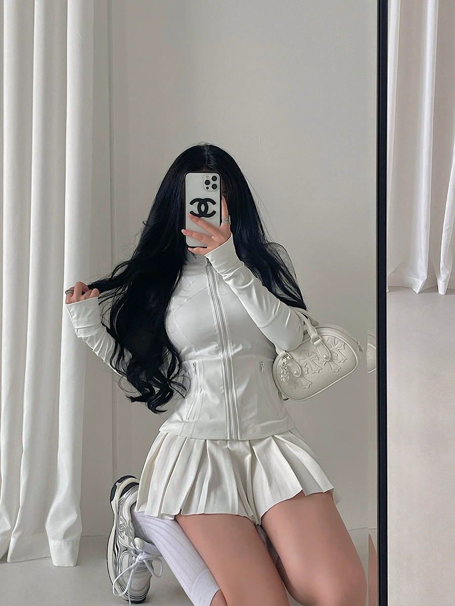 YoungGirlDay pure Desire slim fit chắp vá thắt eo dài tay áo có khóa kéo thể thao giản dị áo khoác chống nắng hàng đầu