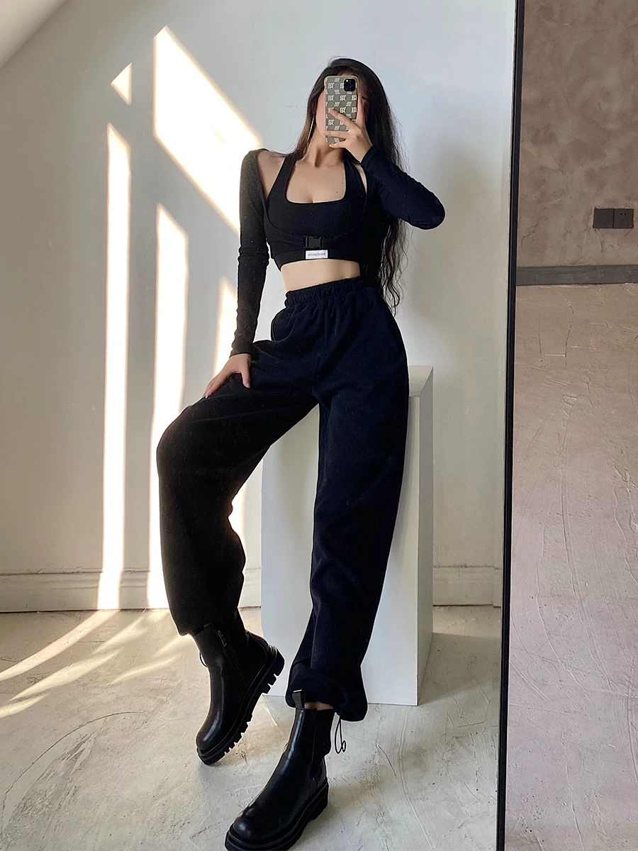 YoungGirlDay Quần jogger dáng rộng có dây rút eo cao phong cách Âu Mỹ, quần thể thao đa năng, quần thể thao, quần dài