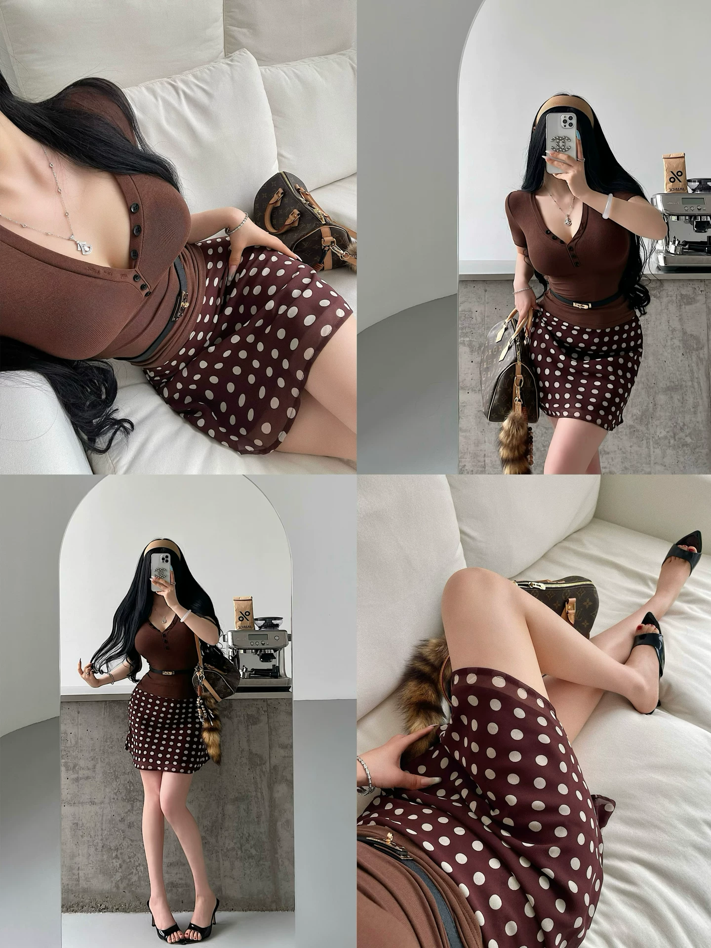 YoungGirlDay phong cách retro thuần khiết gợi cảm, váy chữ A lưới in hoa chấm bi cạp cao, váy ngắn