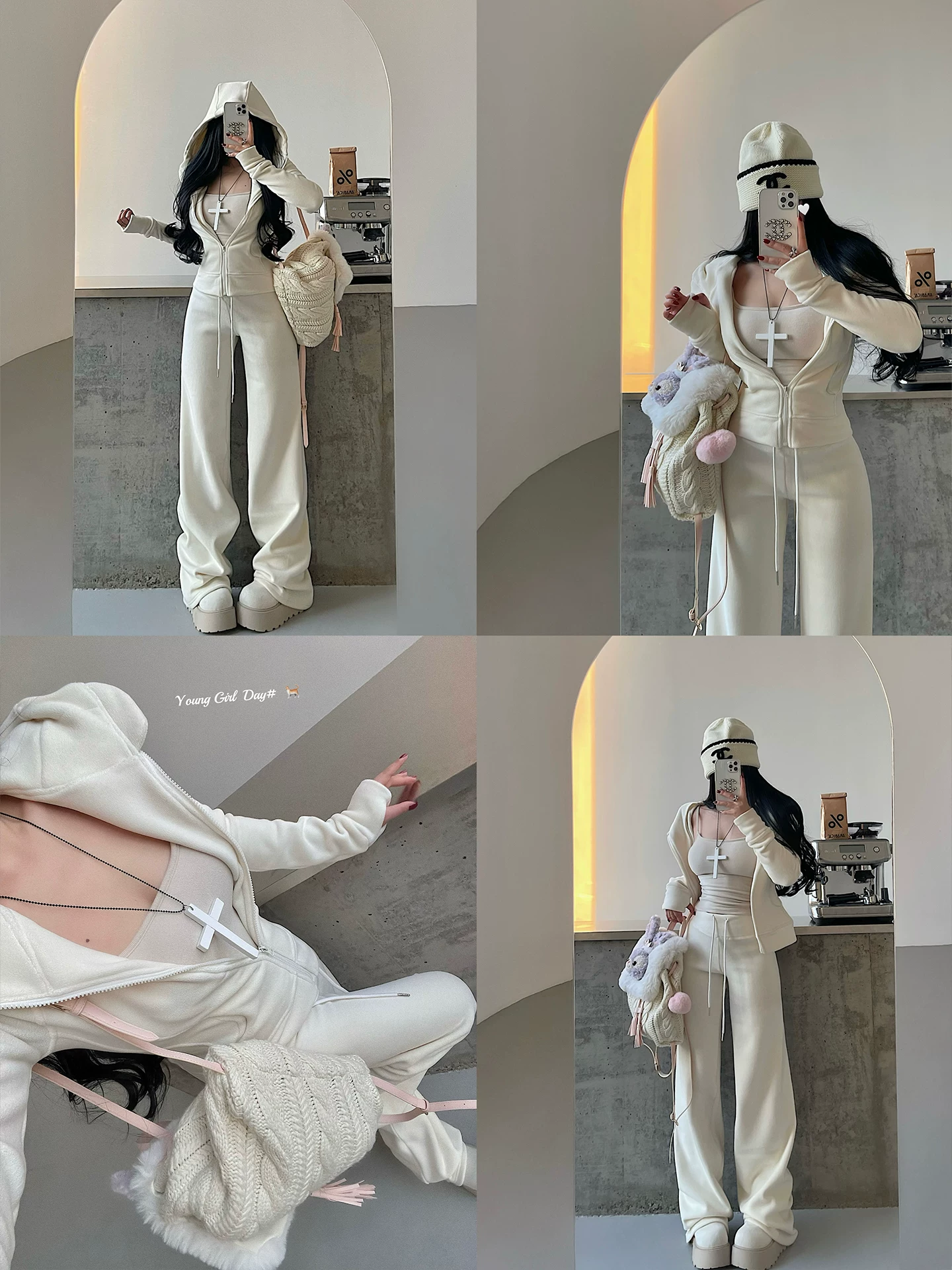 YoungGirlDay lông cừu ấm áp dày dặn có mũ trùm đầu có khóa kéo áo khoác cardigan quần dài đến sàn bộ quần dài
