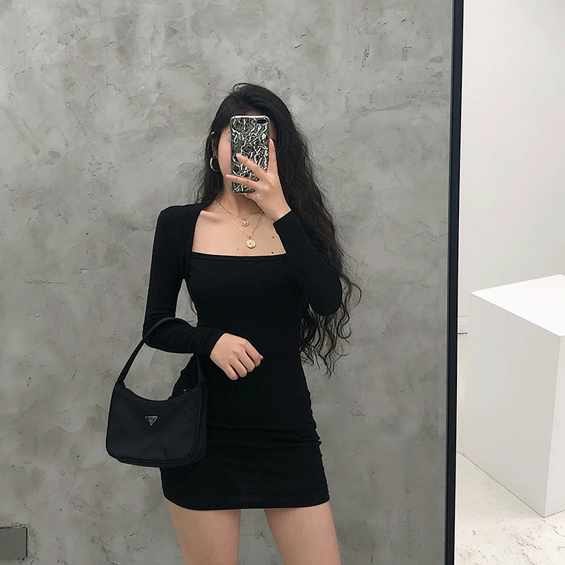 YoungGirlDay Phong cách Âu Mỹ màu trơn không tay cổ vuông dài tay gợi cảm ôm sát cơ thể