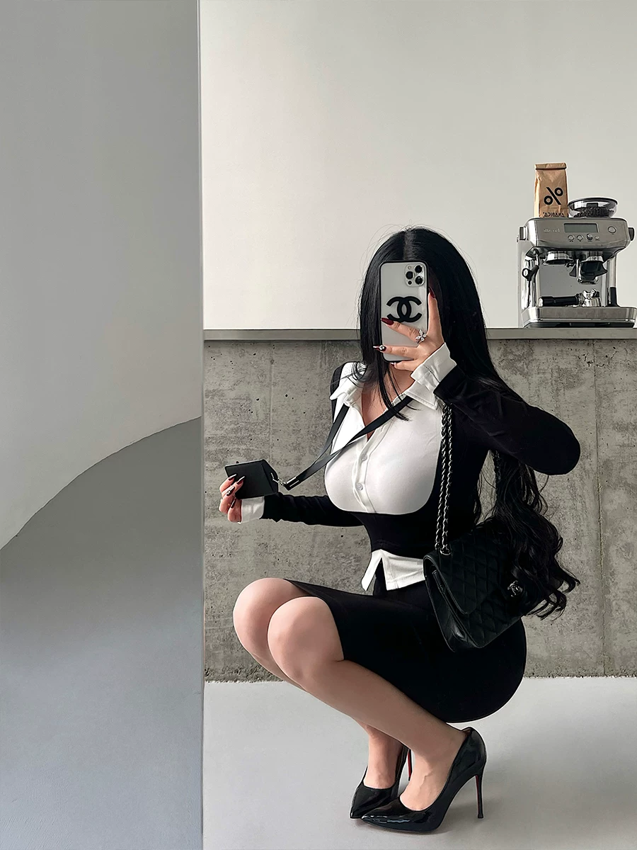 YoungGirlDay phong cách Hàn Quốc thuần khiết khao khát OL áo sơ mi giả hai mảnh phối màu đơn giản, bộ váy ôm eo cao
