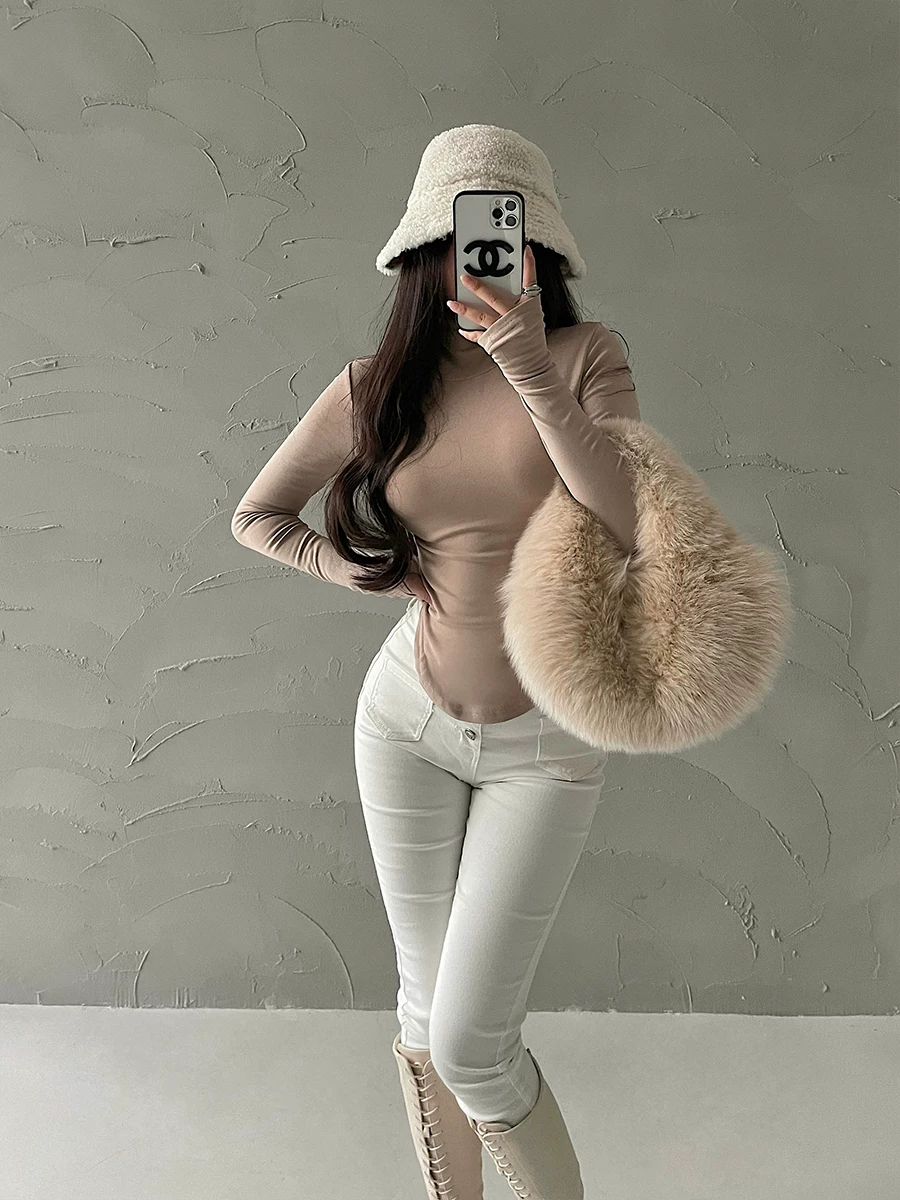 YoungGirlDay Pure Desire Cổ cao Slim Fit Đường viền cong Eo đàn hồi Áo thun dài tay lớp nền Top