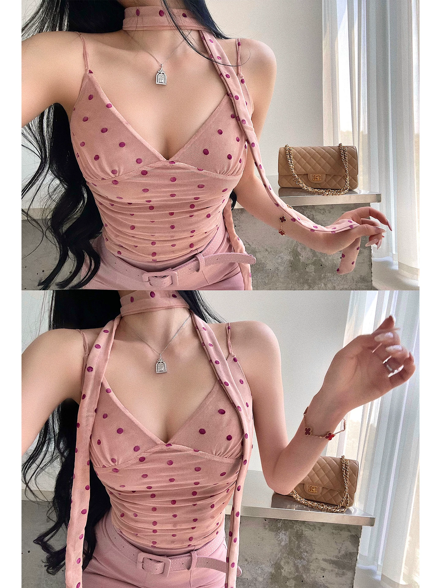 YoungGirlDay Pure Desire Cổ chữ V gợi cảm có dây buộc cổ, dáng ôm vừa vặn, eo xếp nếp, áo yếm lưới chấm bi.