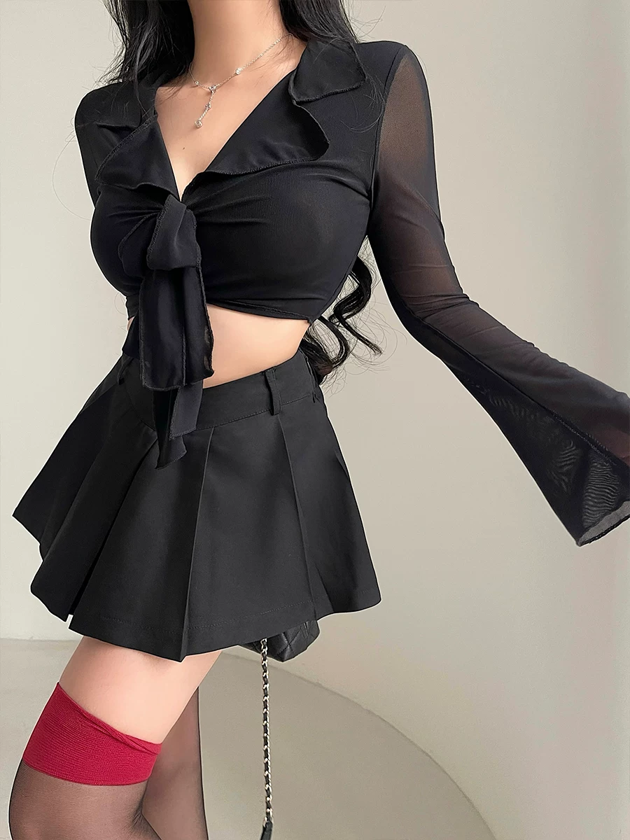 Áo crop top ngắn ôm sát phong cách YoungGirlDay thuần khiết gợi cảm với tay áo loe và chất liệu vải lưới, áo khoác chống nắng.