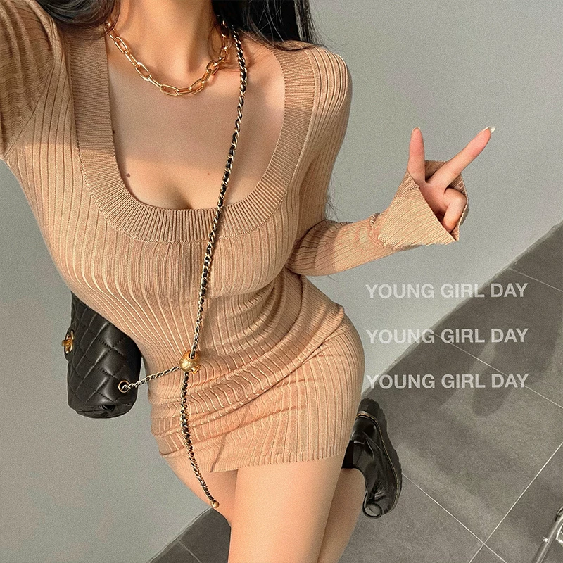 YoungGirlDay váy dệt kim dài tay ôm sát eo gợi cảm cổ chữ U ôm sát hông váy ngắn ôm sát hông dành cho nữ