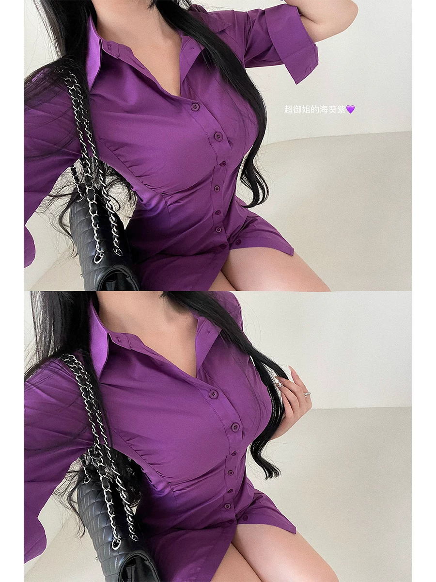 YoungGirlDay Thời trang Hàn Quốc thuần khiết khao khát, áo sơ mi dáng ôm vừa vặn, eo xếp nếp, tay áo dài vừa phải, váy ngắn.
