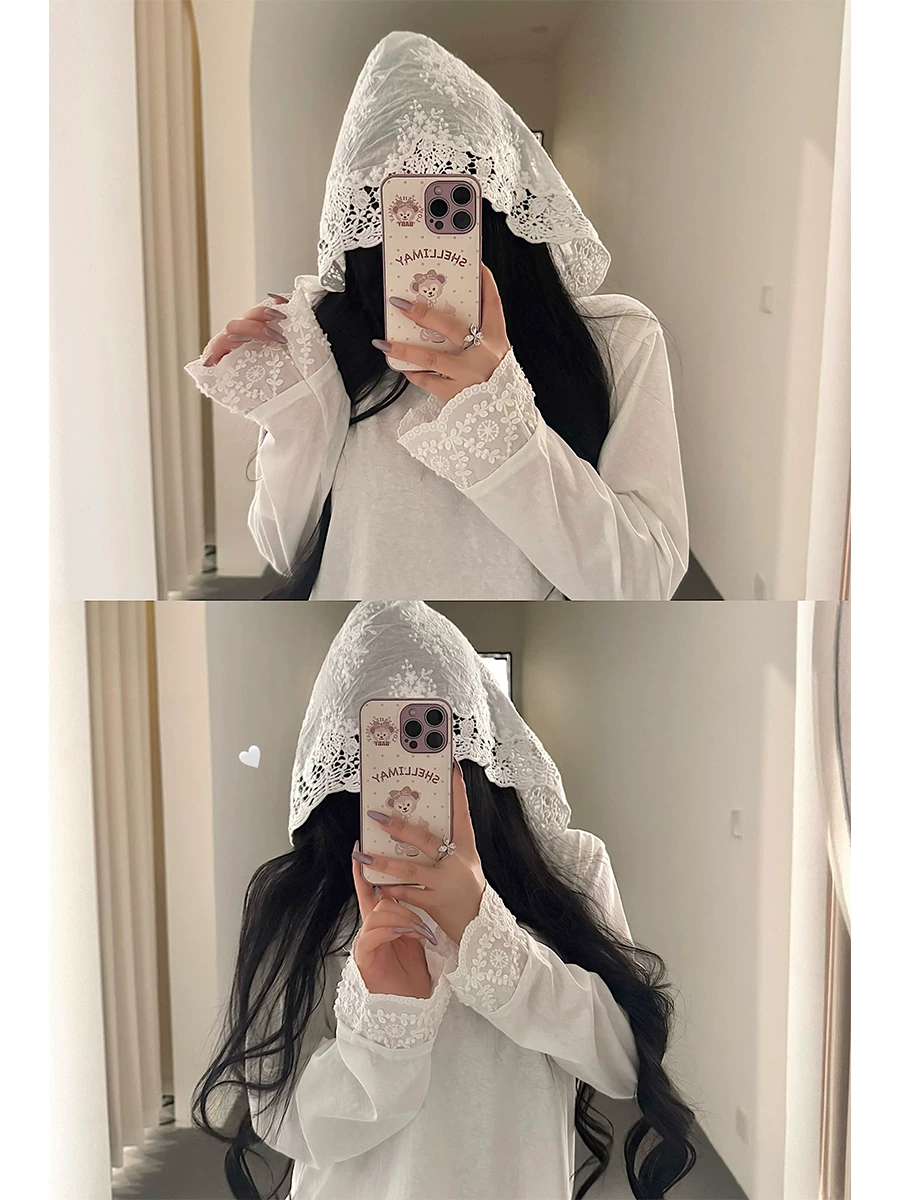 YoungGirlDay Pure Desire Style Ren Chắp vá có mũ trùm đầu Áo thun dài tay dáng rộng giảm béo dành cho nữ.