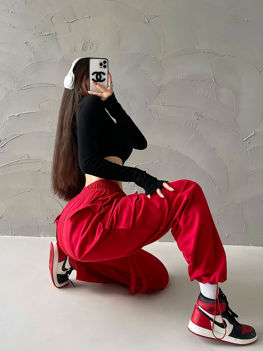 YoungGirlDay Quần jogger dây rút eo cao phong cách Âu Mỹ, có túi lớn, quần thể thao thông thường, quần dài