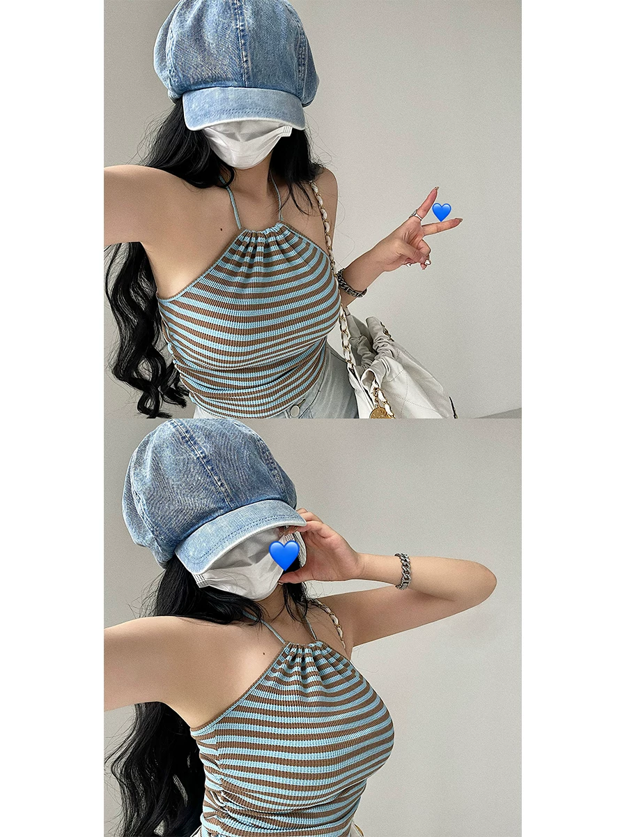 Áo crop top ngắn bó sát, lưng trần, xếp ly, sọc, cổ halter gợi cảm YoungGirlDay pure desire