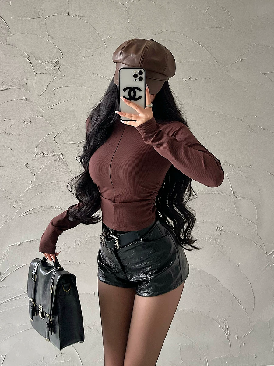YoungGirlDay Pure Desire Hot Girl Cổ đứng có dây kéo Slim Fit Ruched Eo dài tay áo thun cơ bản.