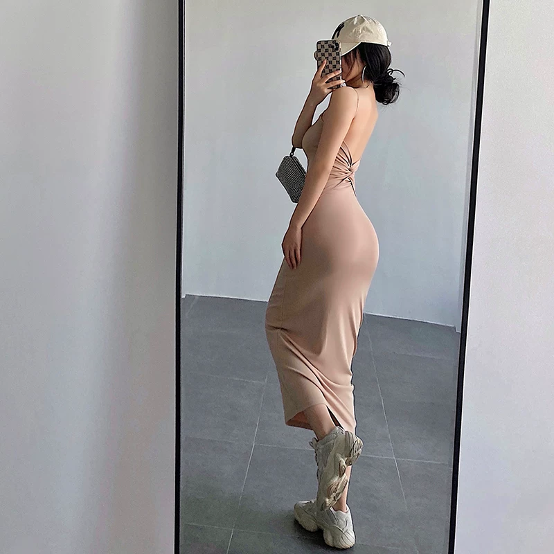 YoungGirlDay2023 phong cách mới váy dài có dây đeo lưng trần gợi cảm, co giãn, ôm sát với dây đai mỏng