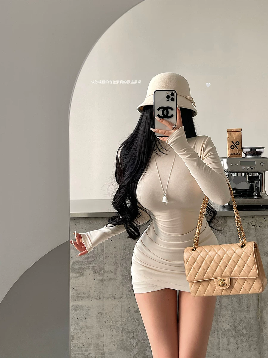 YoungGirlDay Pure Desire Basic High Neck Slim Fit Co giãn lót lông cừu Áo thun dài tay hàng đầu