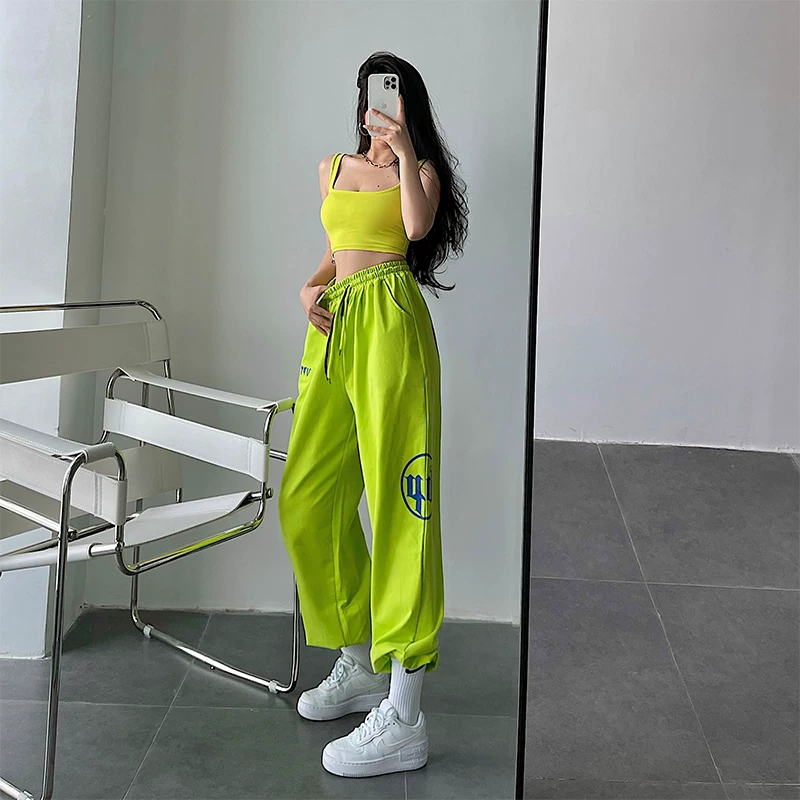 YoungGirlDay Quần jogger dáng rộng phong cách Âu Mỹ, dáng rộng, có dây rút hai màu, in chữ, quần jogger thông thường đa năng