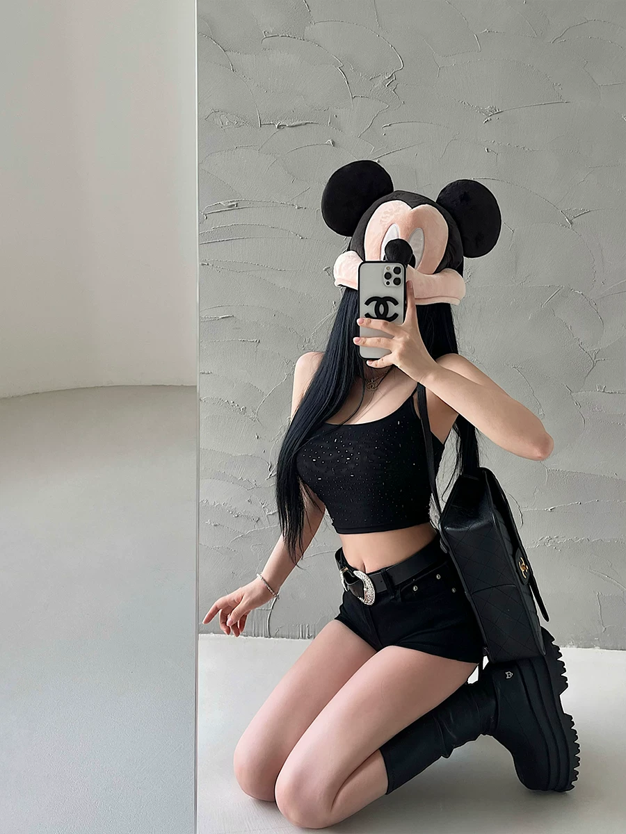 YoungGirlDay Áo crop top ngắn hai lớp lưới đính đá lấp lánh phong cách Mỹ gợi cảm hot girl hợp thời trang