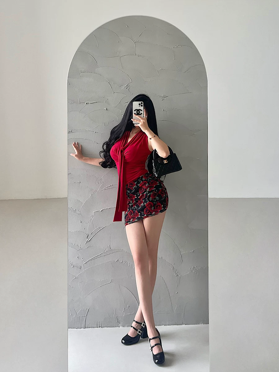 YoungGirlDay Váy ngắn ôm hông lưới cạp cao in họa tiết hoa hồng gợi cảm theo phong cách retro châu Âu và Mỹ