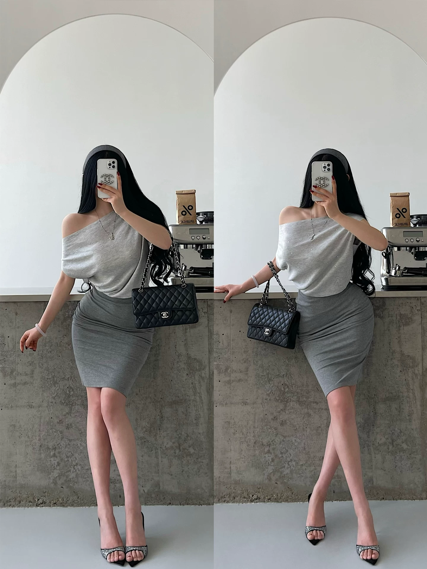 YoungGirlDay Pure Desire Không khí thư thái Áo thun dệt kim dáng rộng lệch vai đính kim cương giả hàng đầu