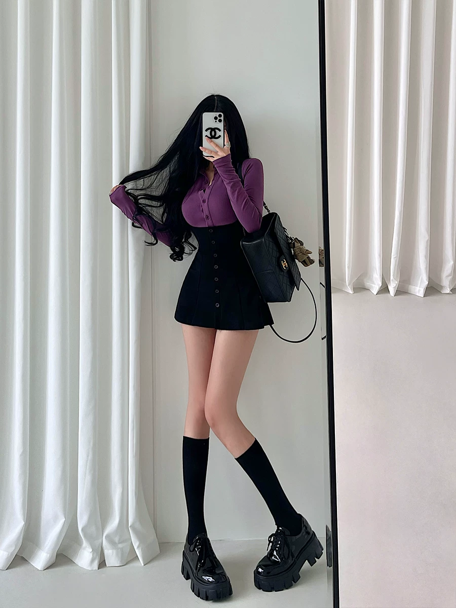 YoungGirlDay Pure Desire Áo thun dài tay có cổ gợi cảm Áo thun dài tay có cổ Bodycon Bộ váy ngắn